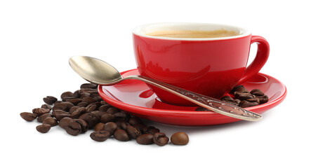 Aromatic coffee in cup and beans isolated on white