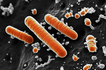 Generative AI illustration of microscopic bacterial forms showcasing vivid molecular structures and glowing effects