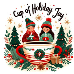 Fototapeta premium set of christmas icons, cup of christmas joy, lovely couple, xmas theme illustration wallpaper, graphic design doodle