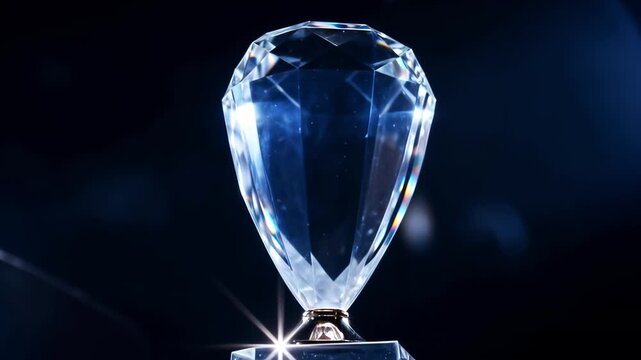 Rotating crystal trophy award for business winner success achievement. Corporate prize ceremony victory cup with blue light shine and leadership recognition. 