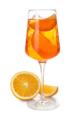 Glass of refreshing spritzer cocktail and orange slices isolated on white