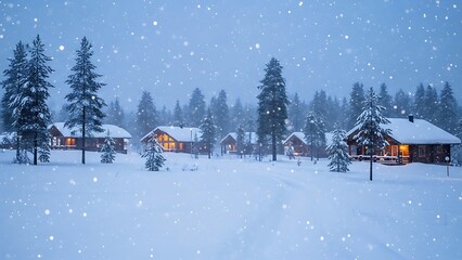 Winter Wonderland Village Cozy Log Cabins in Snowfall and Pine Forest Landscape.