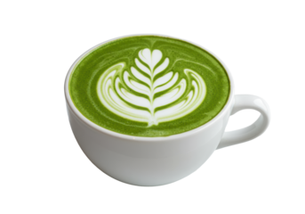A classic white ceramic cup with a hot, vibrant emerald matcha latte featuring precise rosetta latte art, presented in a high-key studio setting with ample copy space, concept for minimalist