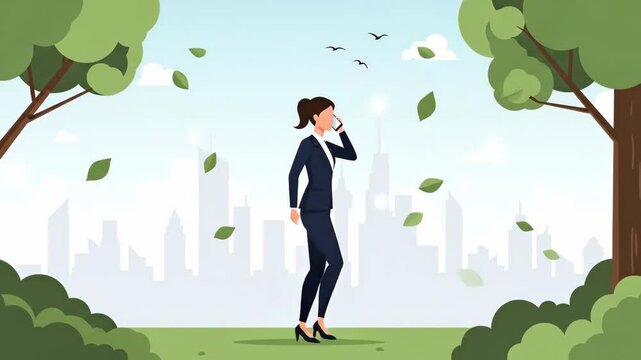 Animated Businesswoman Walking in City Park Talking on Phone.