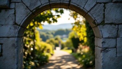 Fototapeta premium A stone archway frames a path receding into distance. Sunlight filters through blurred foliage. A sense of quietness and a glimpse of a distant, hazy landscape evoke a feeling of hopeful perspective.
