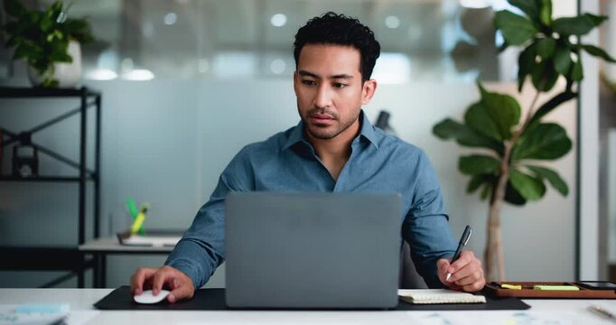 Man, laptop and writing with notebook at startup, documents or project report at media company. Person, computer and insight for web traffic, feedback and stats with checklist at creative agency