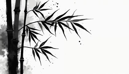Obraz premium Bamboo ink painting with black ink splashes. Artistic sumi-e illustration of bamboo forest with leaves. Black-and-white artistic drawing with watercolor effect.