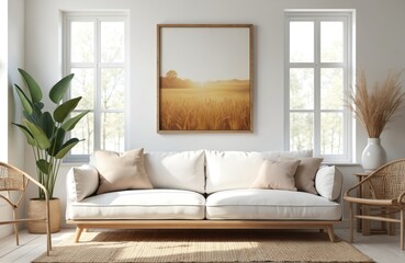 Fototapeta premium Bright living room interior features a white sofa, wooden frame art of golden wheat field. Large windows let in natural light, accentuating a large green plant and dry grass decor.