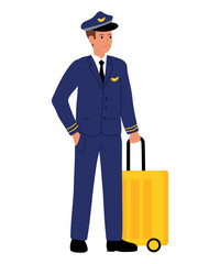 Pilot Stands Next to Yellow Suitcase in Airport Ready for Travel and Flight Duties. Profession collection.
