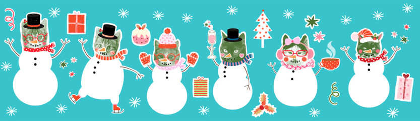 Snowmen with cat faces vector collage, Funny winter animal design