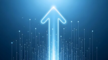 Digital data stream forming an upward pointing arrow on dark background