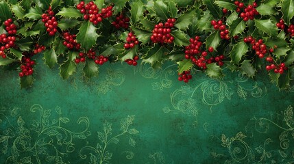 Holly and berry border on elegant green holiday background