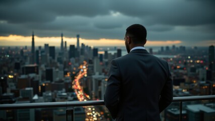 Fototapeta premium A man in a suit stands with his back to the camera, gazing at a blurred cityscape at dusk. A distant glow illuminates the sky, creating a sense of depth. The scene conveys quiet contemplation.