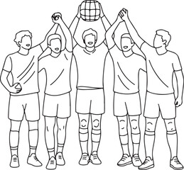 Continuous line art illustration of players celebrating a block point in minimal contour drawing