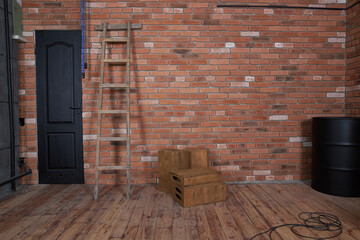 The interior of an old room with a brick wall. A wooden ladder is leaning against the wall