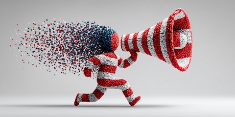 Running particle figure holding megaphone for urgent marketing and announcement concepts.

