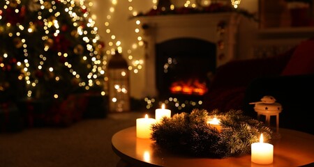 Coffee table with burning candles, fireplace, Christmas tree and festive decor in dark room,...