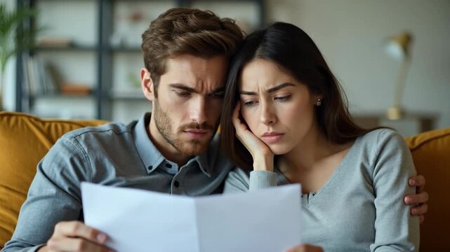 Worried beautiful couple sit on sofa, reading problematic document at home, stressed expressions painted over their faces.