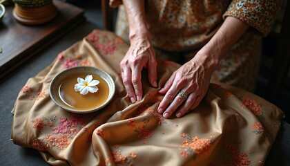 Woman's hands arranging fabric with bowl of water and flower  