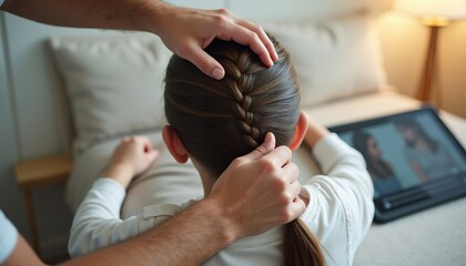 Adult styling hair of young girl while sitting on sofa at home  