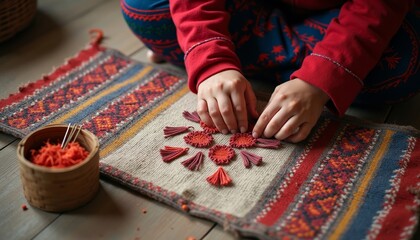 Woman crafting decorative items with fabric on colorful textile mat  