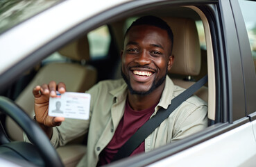Young African man holds up his new driver license while sitting in a car. He smiles happily through the open car window after passing his driving test. This represents freedom and accomplishment.