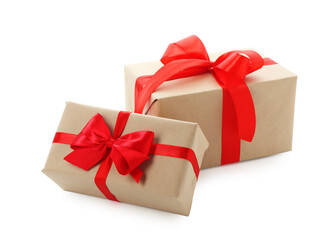 Beautiful gift boxes with bows isolated on white