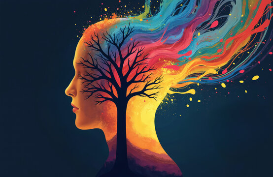 Profile view of woman with tree inside head emitting colorful mental energy. Illustrates thoughts emotions imagination, brain function. Creative abstract art signifies mind consciousness, awareness.