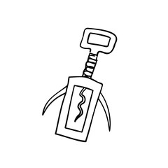 Wine corkscrew linear in sketch style. Bottle opener. Ink doodle on white background. Design element for logo, sign, card, menu. Kitchen and winery. Vector illustration