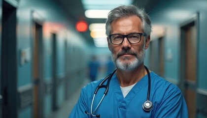 Mature male doctor wearing blue scrubs and stethoscope. He stands in hospital corridor with glasses and beard. Experienced physician looks at camera. Calm healthcare professional.