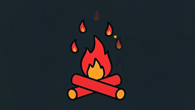 Animated Cartoon Campfire Burning with Sparks on Dark Background.