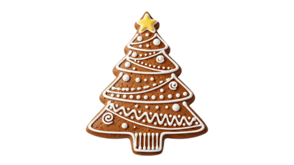 Decorated gingerbread cookie shaped like a Christmas tree with white icing and yellow star, cutout, PNG isolated on white or transparent background