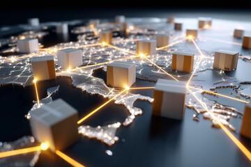 Logistics and shipping pathways are represented by glowing lines connecting various delivery boxes on a digital world map. This illustrates global commerce and supply chain dynamics