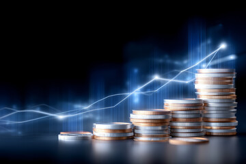 Stacks of coins reflect investment growth with a digital chart showcasing upward market trends. Analytics data highlights the evolution of wealth in the economy