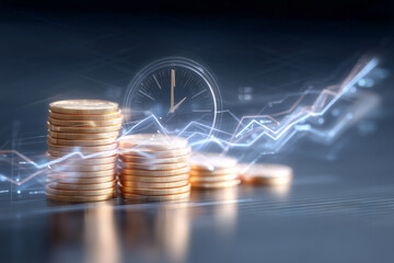 Layers of coins symbolize investment and wealth, while a clock represents time management. A growth chart overlays the scene, highlighting strategies for financial success and savings