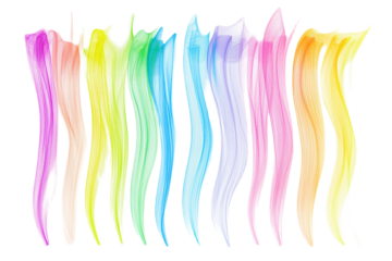 Rainbow colored abstract flowing brush strokes line art on transparent background