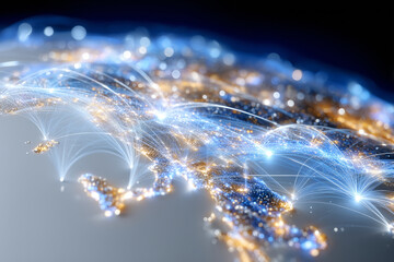 Abstract visualization showing a network of connectivity with illuminated nodes and flowing lines. This digital representation highlights systems of communication across regions