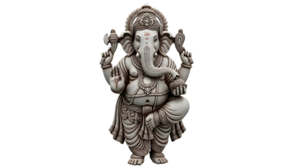 Artistic full-body depiction of Lord Ganesha in traditional style, finely detailed textures, centered composition, isolated on white background. Ideal for cultural, religious, or decorative projects.