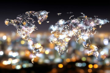 A vibrant world map design showcases interconnected continents illuminated by defocused lights. The abstract visual represents global data exchange and communication networks