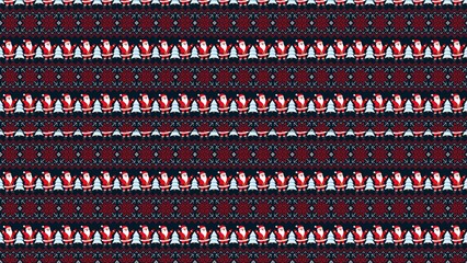 Seamless christmas ugly sweater pattern with santa claus and trees on navy blue background, festive fair isle knit design, traditional holiday textile for fabric wrapping paper apparel, xmas jumper