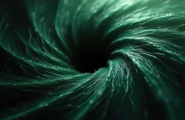 Abstract green swirl vortex with thin lines and light particles. Digital art forms a spiral tunnel with dark center. Motion blur creates dynamic effect.