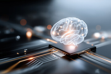 A glowing brain sits on a sleek circuit board, representing the blend of neuroscience and technology. This creative project explores the future of intelligence and machine learning