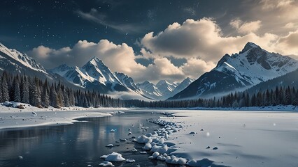 Scenic winter landscape with snow-covered mountain peaks, partially frozen river among coniferous forest and dramatic sky with clouds and stars