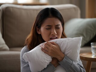 Stressed Woman Burying Face in Pillow - Anxiety and Emotional Distress