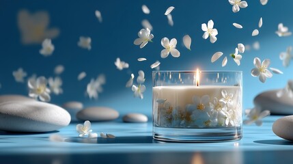 Aromatherapy candle with falling white flowers and smooth spa stones on blue background.