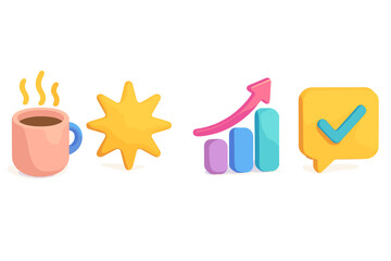 Motivational Icon Set. Everyday Motivation flat isometric set: morning boost spark, steady-progress bead, encouragement cue tile.