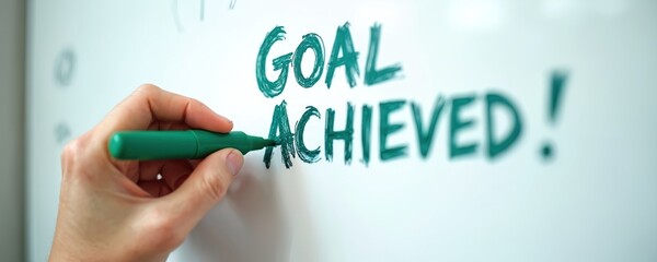 Hand writes goal achieved on whiteboard with green marker. Person completes target, reaches objective, celebrates success and triumph. Effort brings positive outcome, motivation for future.