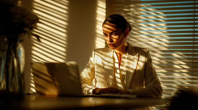 Woman in elegant business outfit sitting at meeting table with laptop, golden hour light entering through blinds, cinematic grain, ultra realistic, Canon EOS R5, 85mm f/1.2