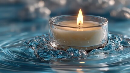 Floating tea light candle on blue water surface with ripples for spa concepts.