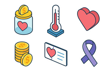Isometric Fundraising Icons. Fundraising Elements isometric flat set: donation jar, goal thermometer, heart icon, coin stack, pledge card, support ribbon.